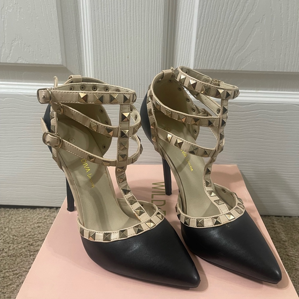 Wild Diva Black and Cream Studded Heels